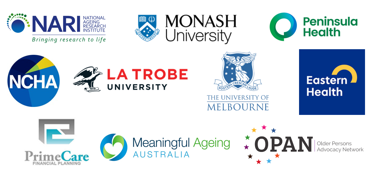 Logos of Victoria Division one-day sponsors/collaborators, including NARI, Monash Uni, Peninsula Health, NCHA, La Trobe Uni, University of Melbourne, Eastern Health, PrimeCare, Meaningful Ageing Australia and OPAN