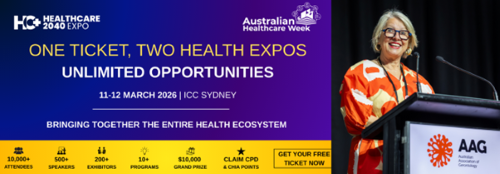 Australian Healthcare Week banner and image of AAG President Anita Westera standing at a podium with the AAG banksia flower logo