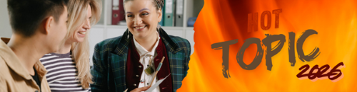 AAG Hot Topic graphic with fiery flames and photo of people talking
