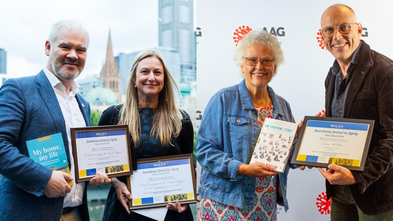 Image of 2018 and 2024 AJA book award recipients, Colm Cunningham, Nicole Duggan and Duncan Kellar (presented by Yvonne Wells)