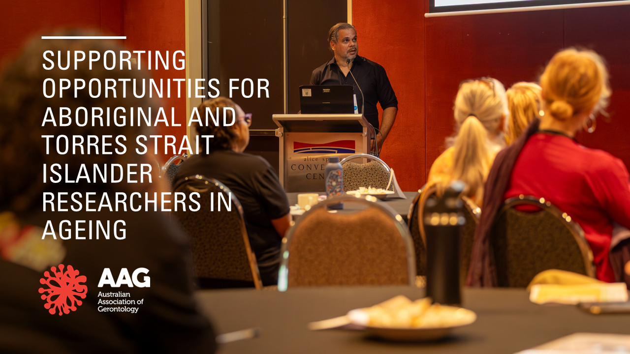 AAG promotional image featuring Caleb Rivers, AAG member and Aboriginal researcher, presenting at AAGConf25 in Alice Springs, with the tag line: Supporting opportunities for Aboriginal and Torres Strait Islander researchers in ageing