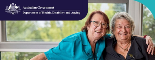 Australian Government Department of Health, Disability and Ageing logo next to an image of two older woman smiling at the camera